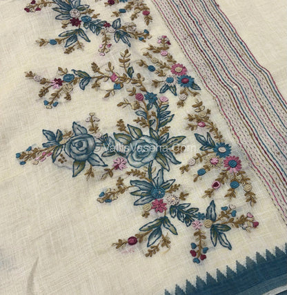 French Knot - Tissue Saree - Cream With Blue Shade - VVLFN007