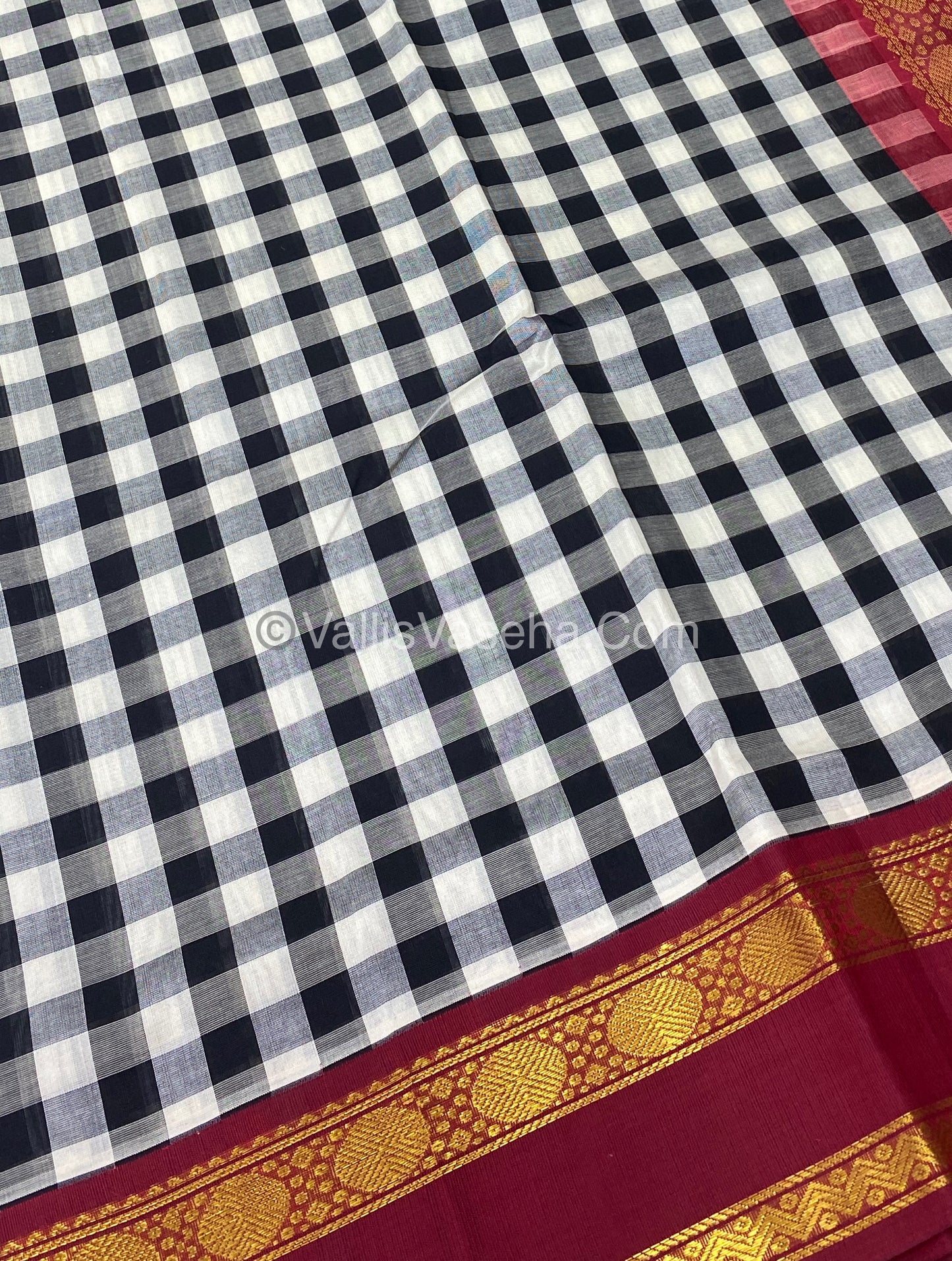 Pure Korvai Silk Cotton With Retta Petta Border - White & Black kattam pattern with Maroon - VVKSC003