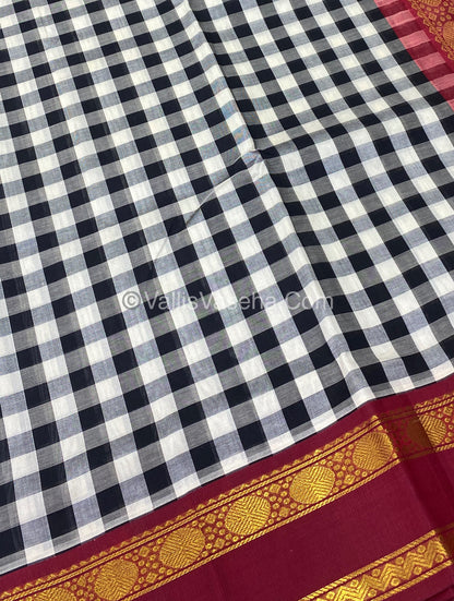 Pure Korvai Silk Cotton With Retta Petta Border - White & Black kattam pattern with Maroon - VVKSC003