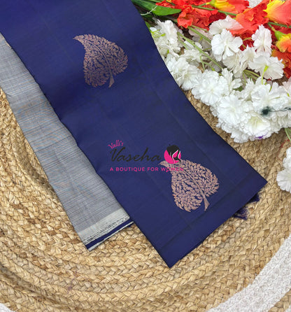 Pure Kanchipuram Silk Saree - Half & Half - Grey with Blue Shade - VVPS064