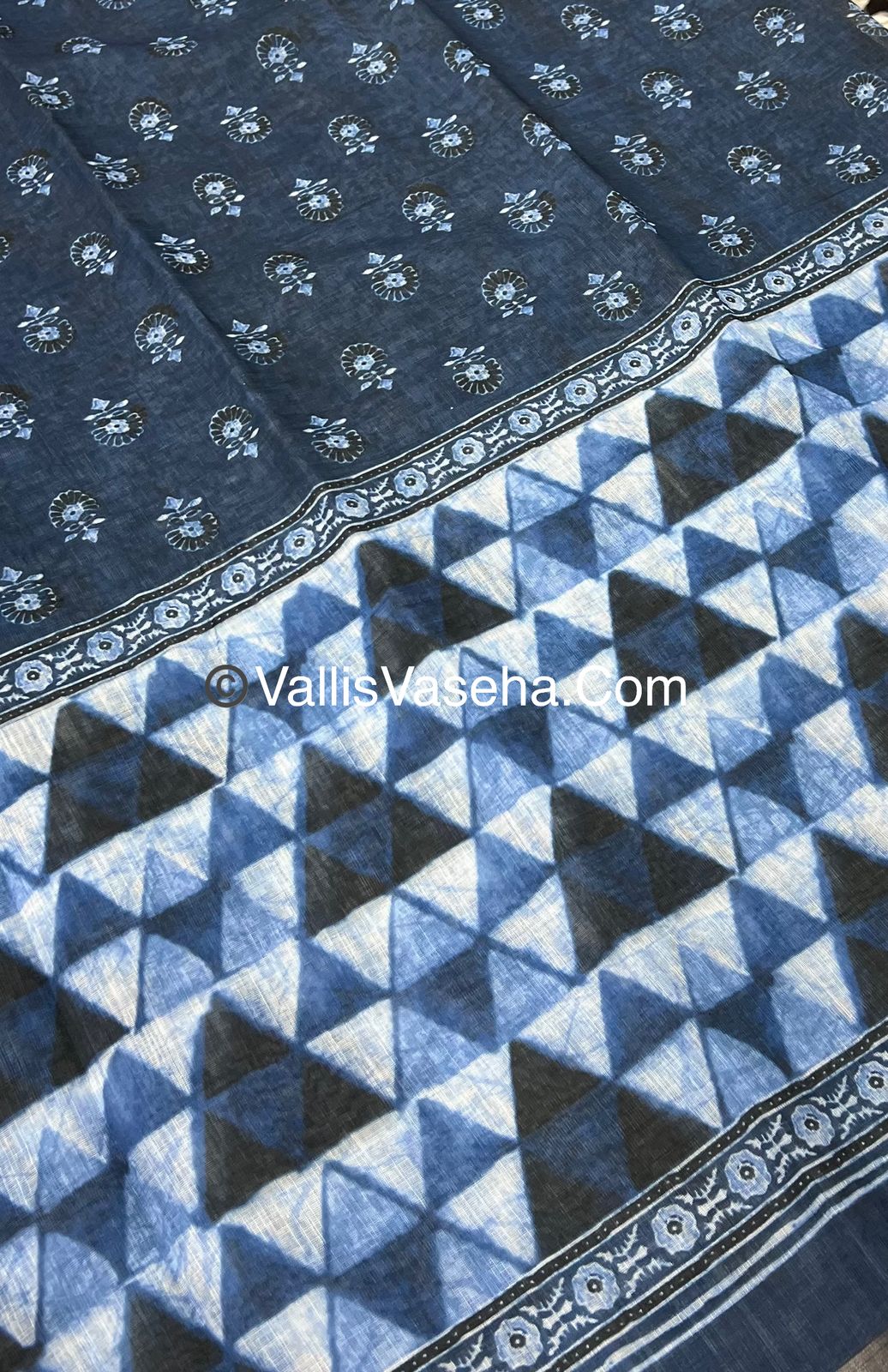Linen Mixed Cotton Saree - Indigo Blue - Printed - VVLMP001
