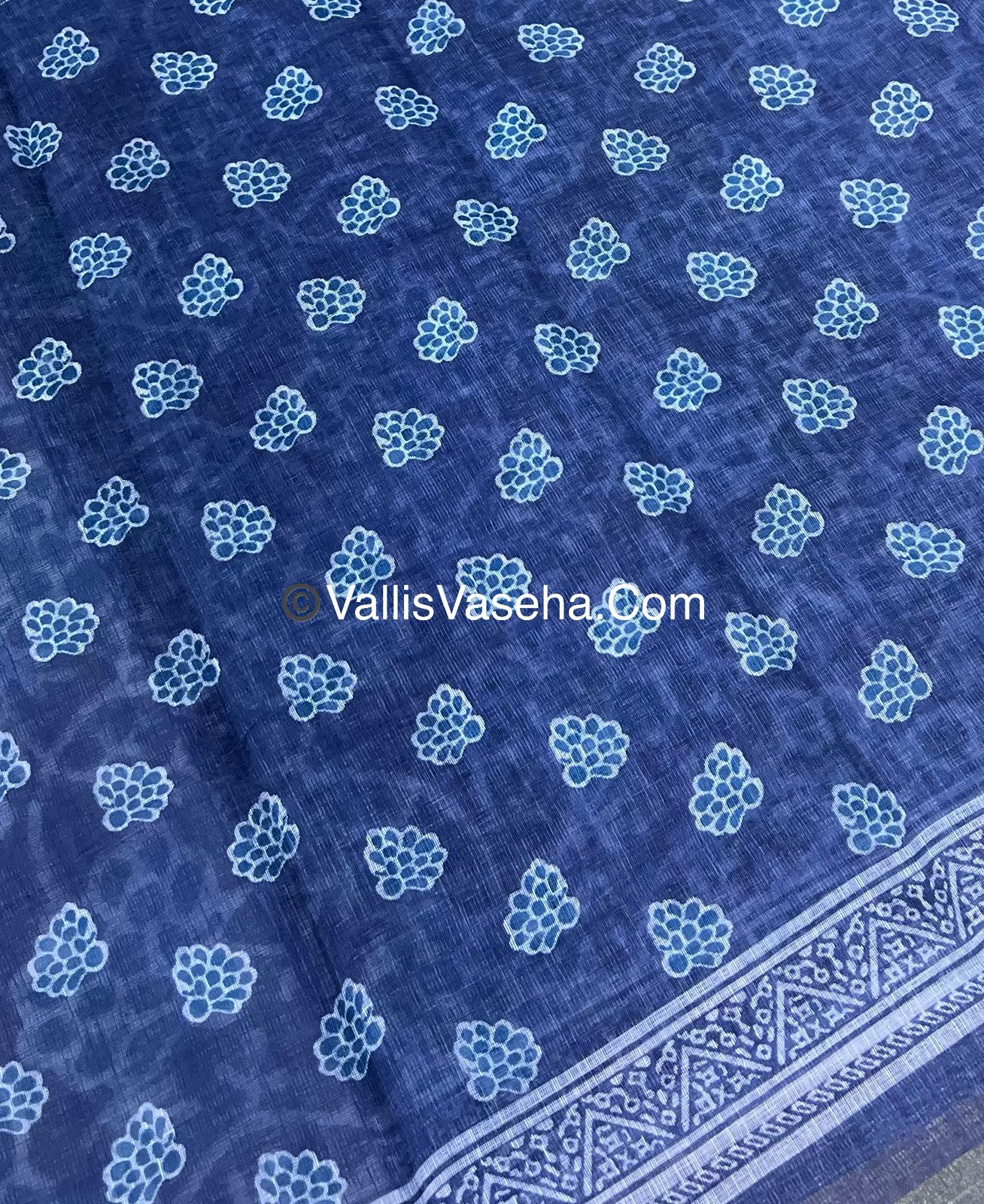 Linen Mixed Cotton Saree - Indigo Blue - Printed - VVLMP001