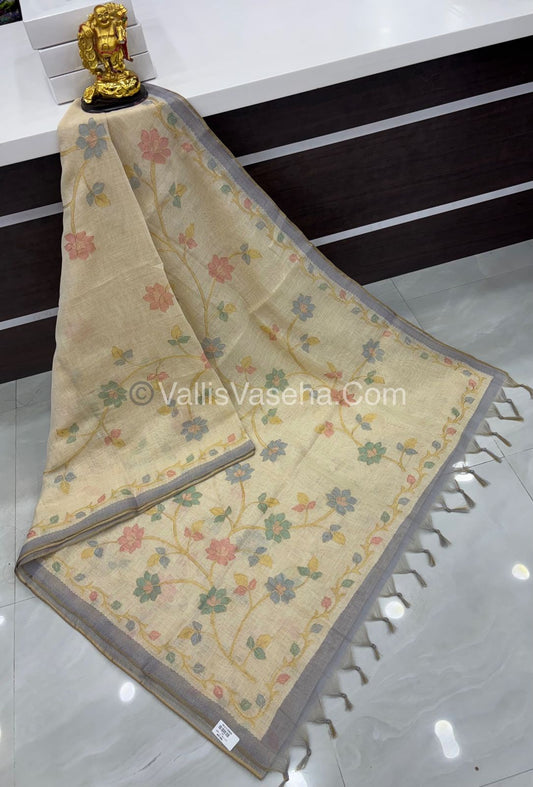 Tissue Linen Saree - Cream With Blue Shade - VVTLS003