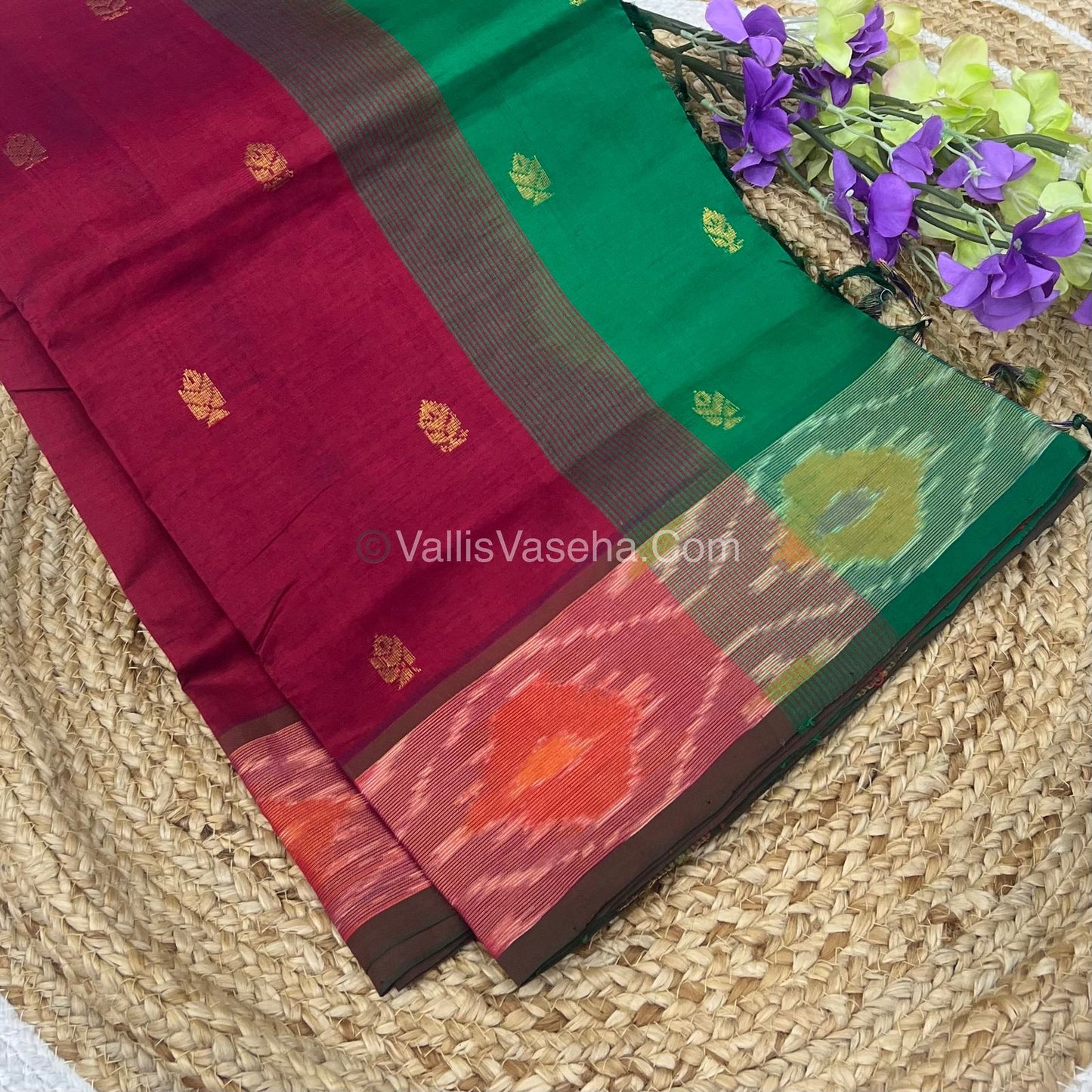 Semi Silk Cotton Saree - Red & Green - VVSSC001