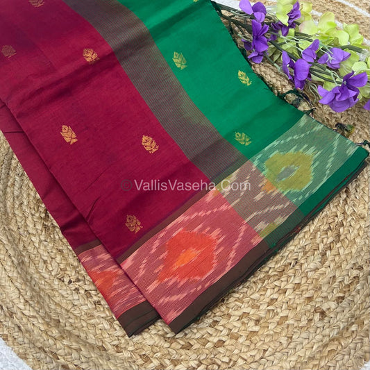 Semi Silk Cotton Saree - Red & Green - VVSSC001