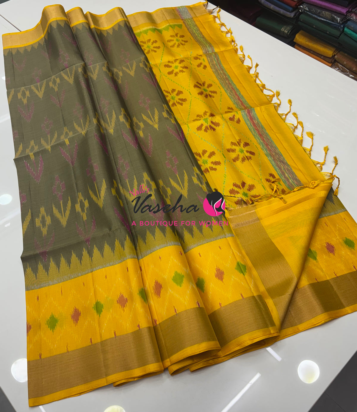 Pure Soft Silk Saree  - Pochampally Weaving - Grey & Yellow Combo - VVPSS110