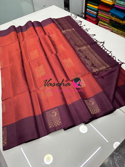 Pure Soft Silk Saree - Rust Orange & Wine Brown - VVPSS091