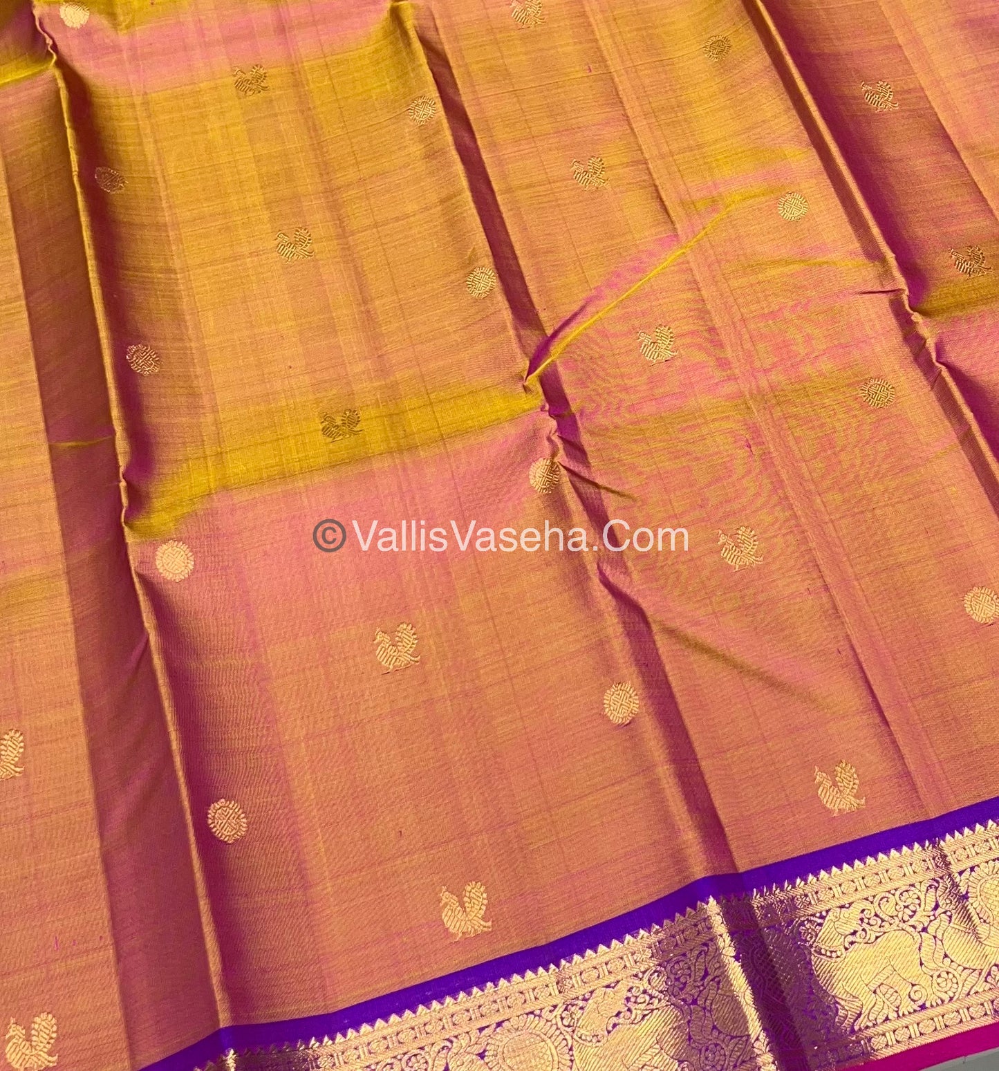Pure Kanchipuram Silk Saree - Peach Gold & Purple/Pink Combo - VVPS014