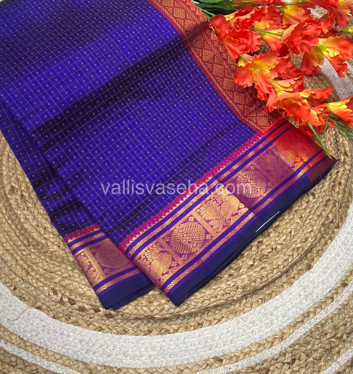 Pure Silk Cotton Saree - Blue  With Red - Lakshadeepam Design - VVPLD001