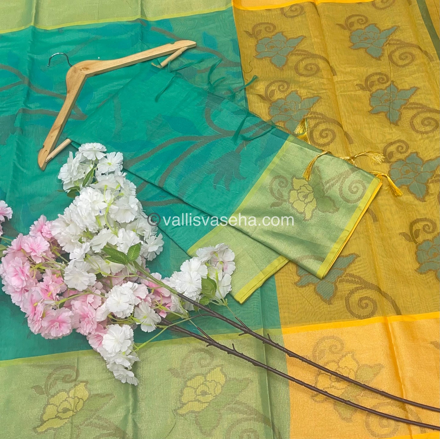 Banarasi Pochampally Weaving Semi Soft Cotton Saree - Green with Yellow - VVBPS001