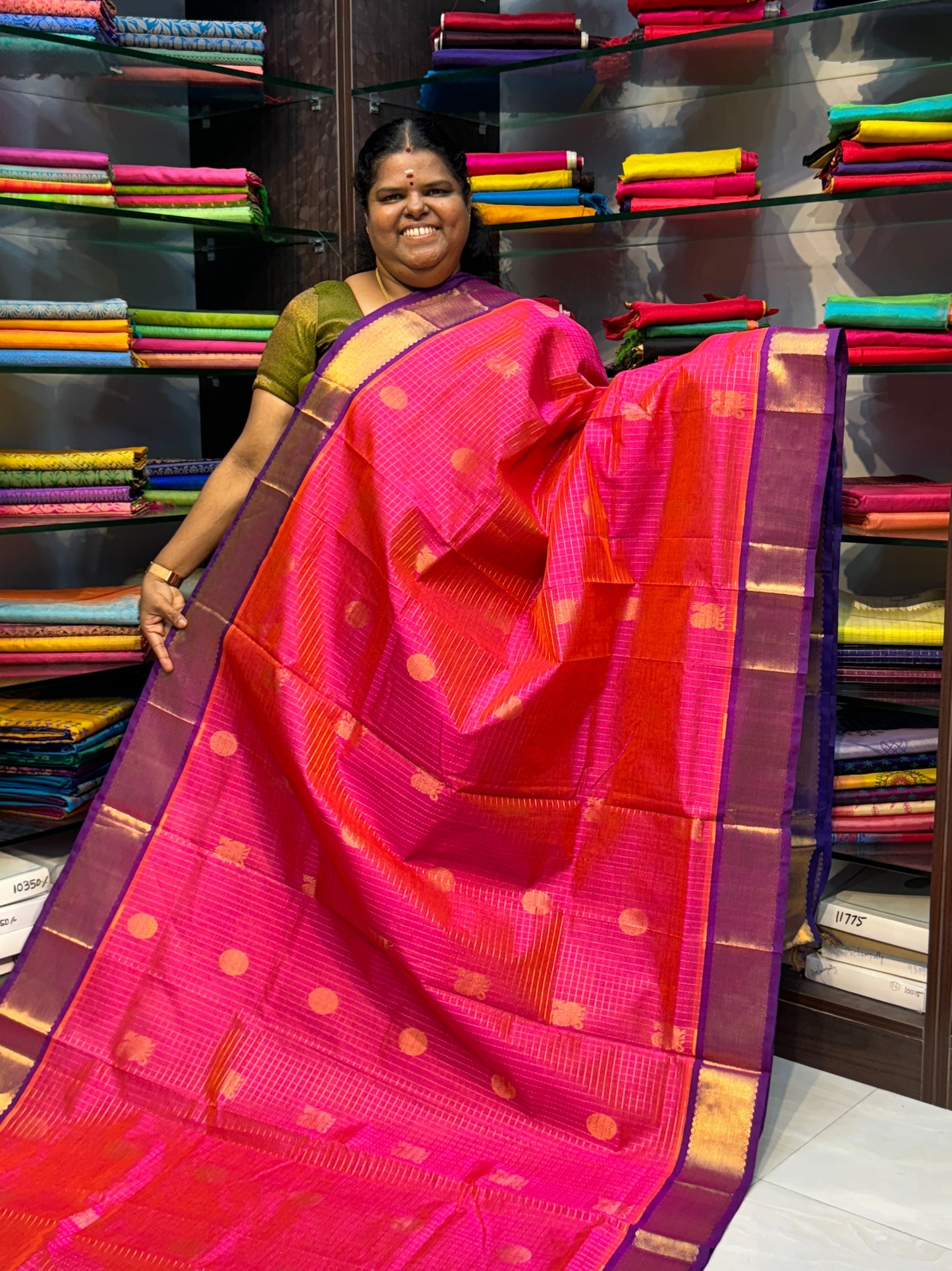 Pure Silk Cotton Saree - Mayil & Chakkaram Design - Peachish Pink with Blue - VVMC002