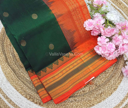 Pure Korvai Silk Cotton Saree - Green  with Orange- VVKSC030