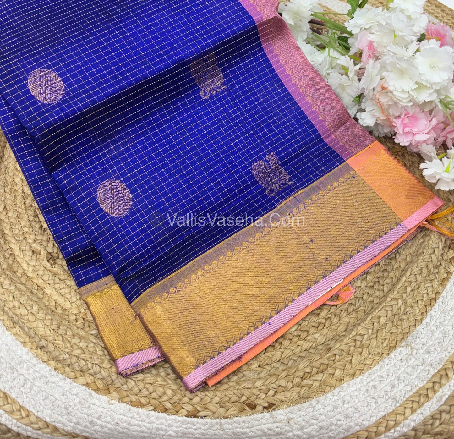 Pure Silk Cotton Saree - Mayil & Chakkaram Design - Blue With Pink Shade - VVMC002