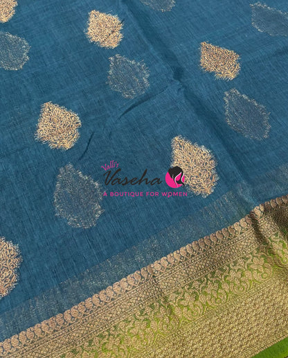 Bamboo Silk Saree - Blue With Green - VVBSS018