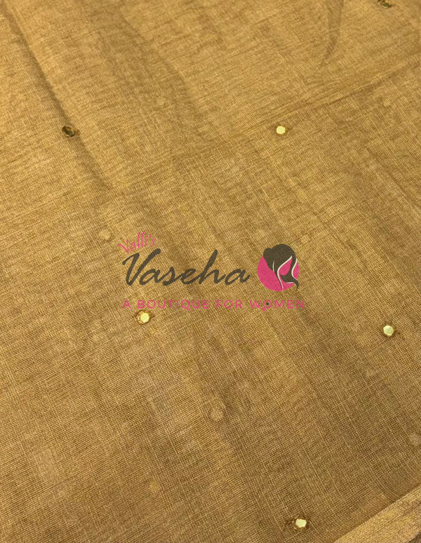 Linen Tissue Saree - Mirror Work Embroidery - Light Mustard Yellow With Pink Shade - VVLTS001