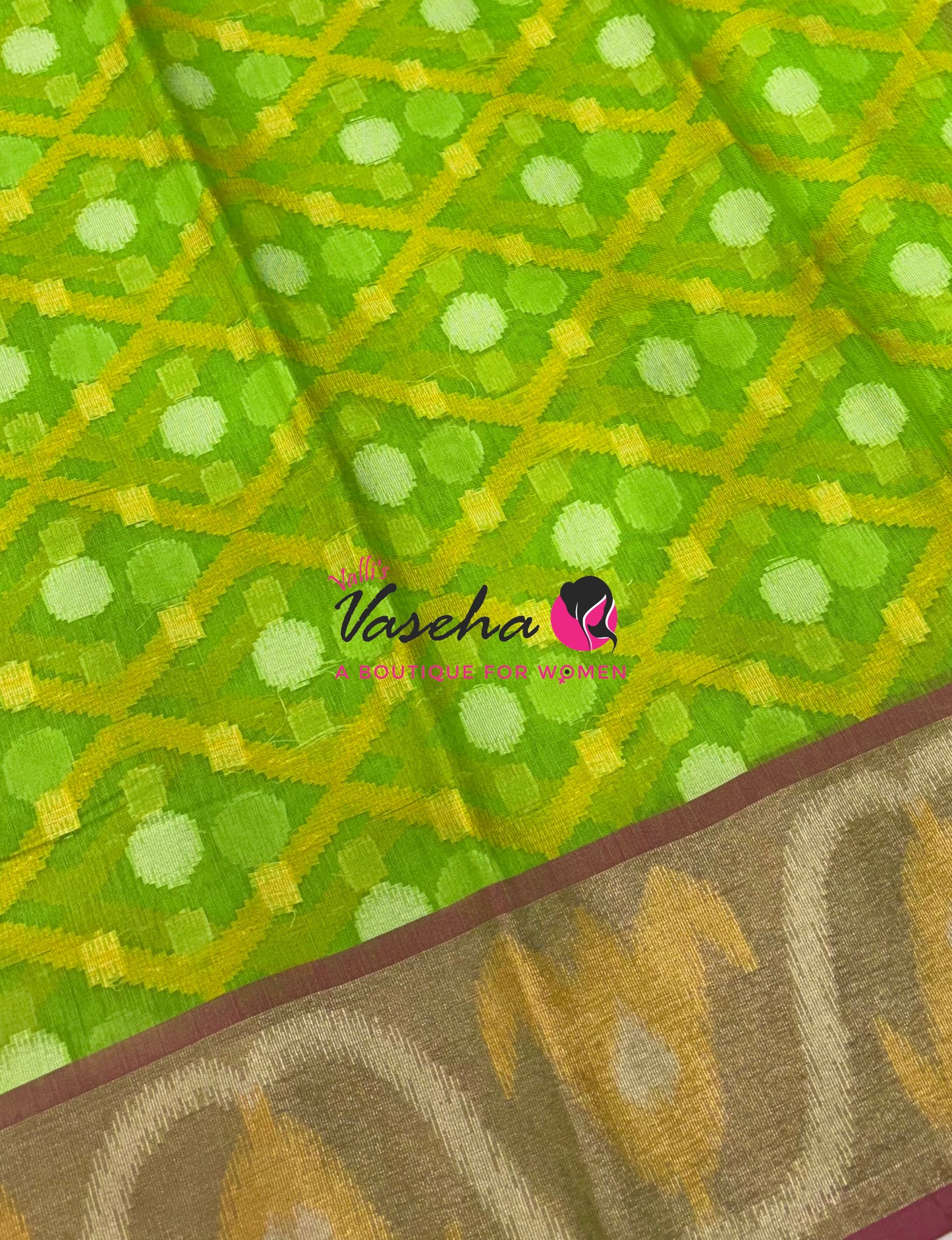 Banarasi Pochampally Weaving Semi Soft Cotton Saree - Parrot Green with Pink  - VVBPS001