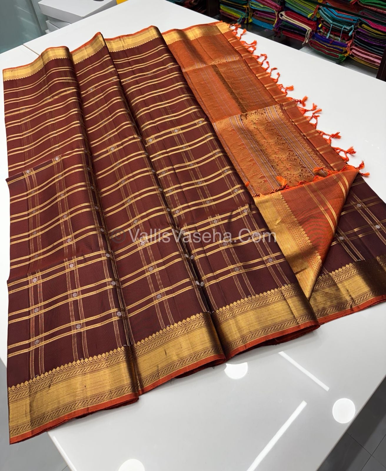 Pure Soft Silk Saree - Kanchi Border - Brown & Rust Orange Combo - VVPSS057