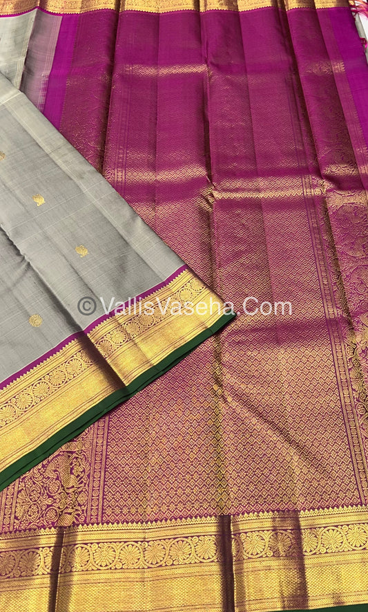 Pure Kanchipuram Silk Saree - Grey & Purplish Pink Combo - VVPS014