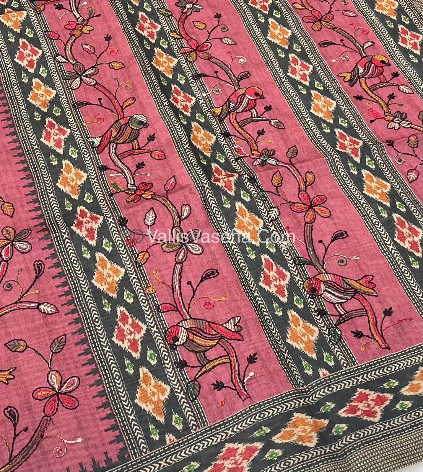 Semi Tussar - Kantha Work Embroidery - Light Pink Shade - VVSTK001