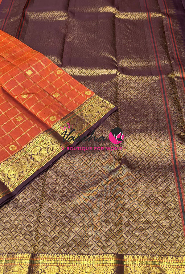Pure Kanchipuram Silk Saree - Rust Orange With Wine Brown Combo - VVPS027