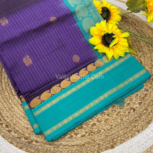 Pure Korvai Silk Cotton - Violet with Blue - Checks Pattern - VVKSC008