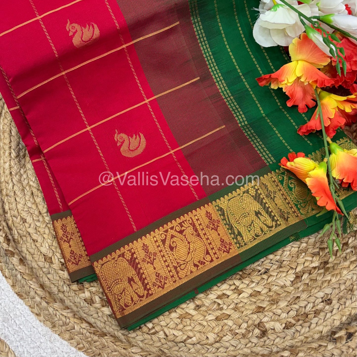 Semi Silk Cotton Saree - Red with Green shade - VVSSC002
