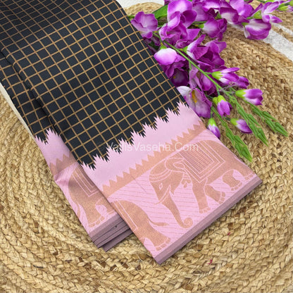 Semi Silk Saree - Kanchi Silk Style - Elephant Border - Black with Pink - VVSSS005