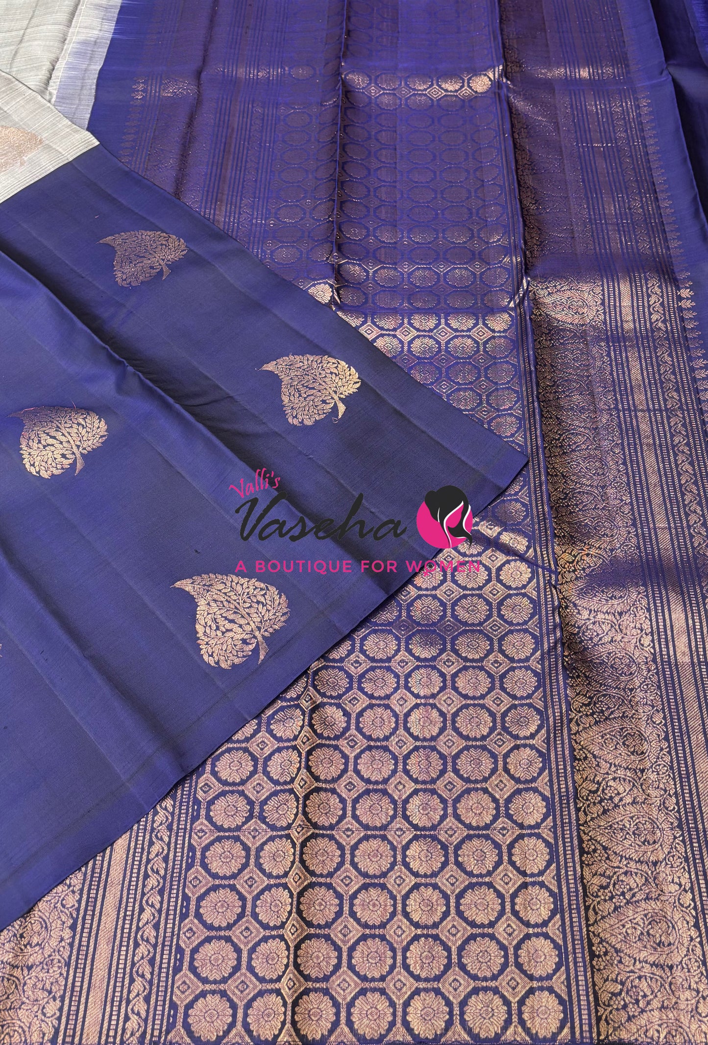 Pure Kanchipuram Silk Saree - Half & Half - Grey with Blue Shade - VVPS064