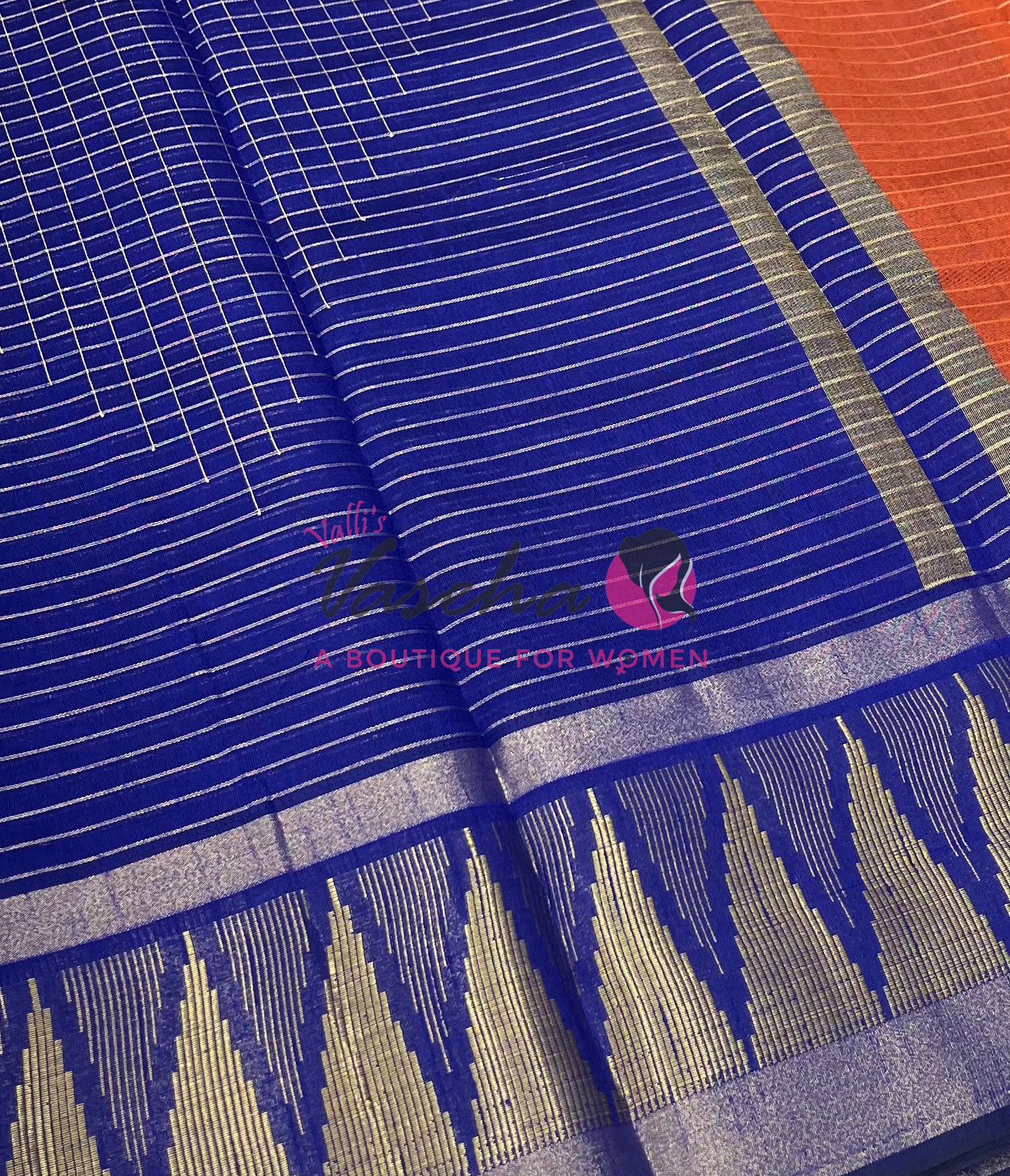 Semi Raw Silk - Lakshadeepam Design - Rust Orange With Blue Shade - VVRS008