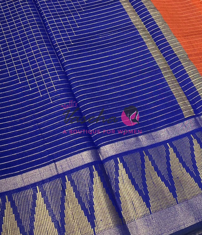 Semi Raw Silk - Lakshadeepam Design - Rust Orange With Blue Shade - VVRS008
