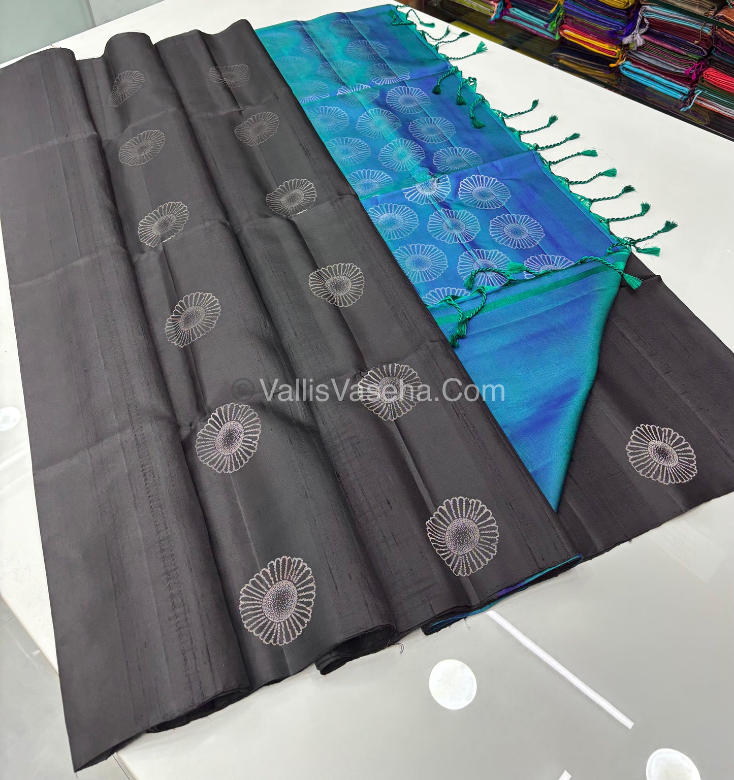 Pure Soft Silk Saree - Dupion Weaving - Black & Peacock Blue Shade - VVPSS065