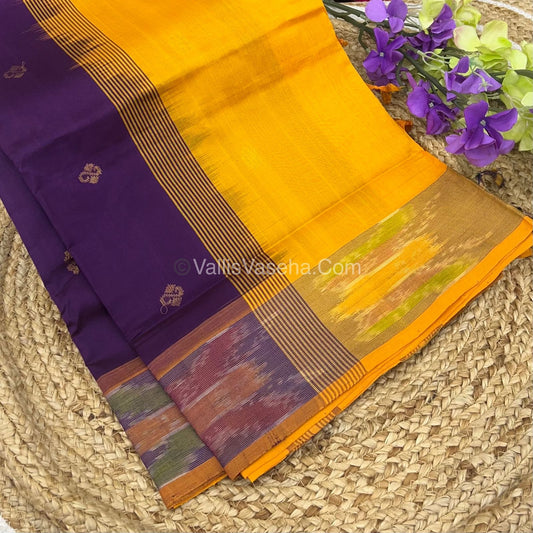 Semi Silk Cotton Saree - Dark Purple & Yellow - VVSSC001
