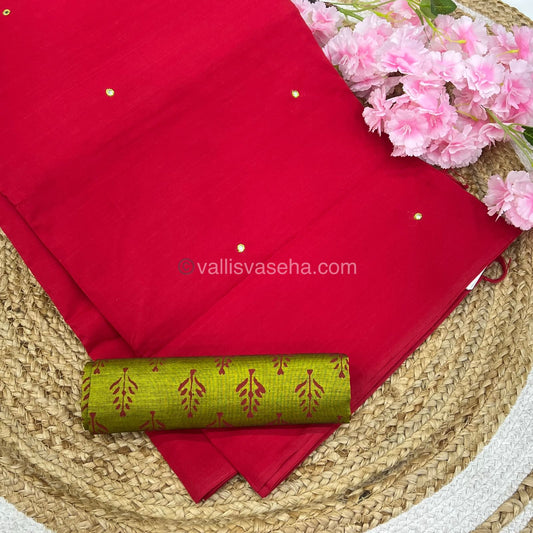 South Mixed Cotton - Mirror Work Embroidery - Red with Green - VVPCM002