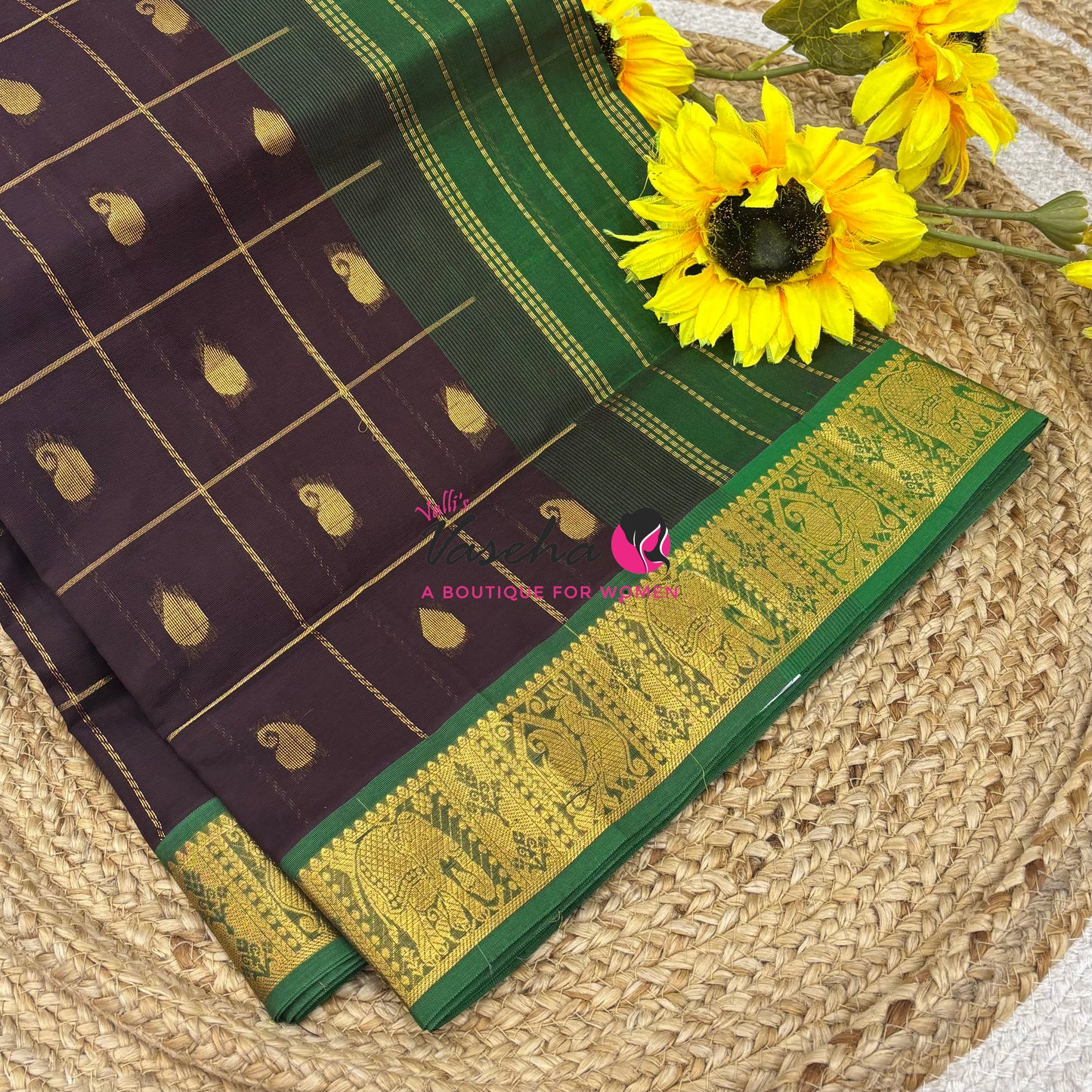 Pure silk  Cotton Saree - Checked Pattern with Butta - Coffee Brown & Green Shade - VVSCC005