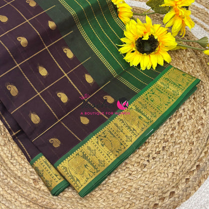 Pure silk  Cotton Saree - Checked Pattern with Butta - Coffee Brown & Green Shade - VVSCC005