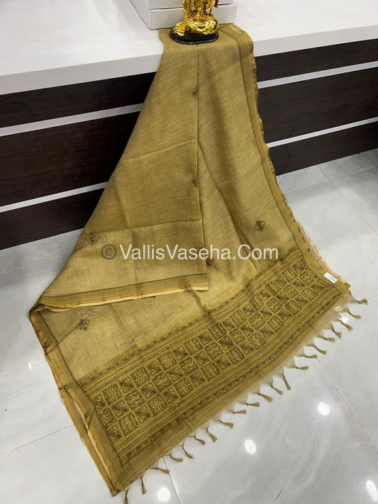 French Knot - Linen Tissue Saree - Venthayam Mixed Green Shade A VVLFN003
