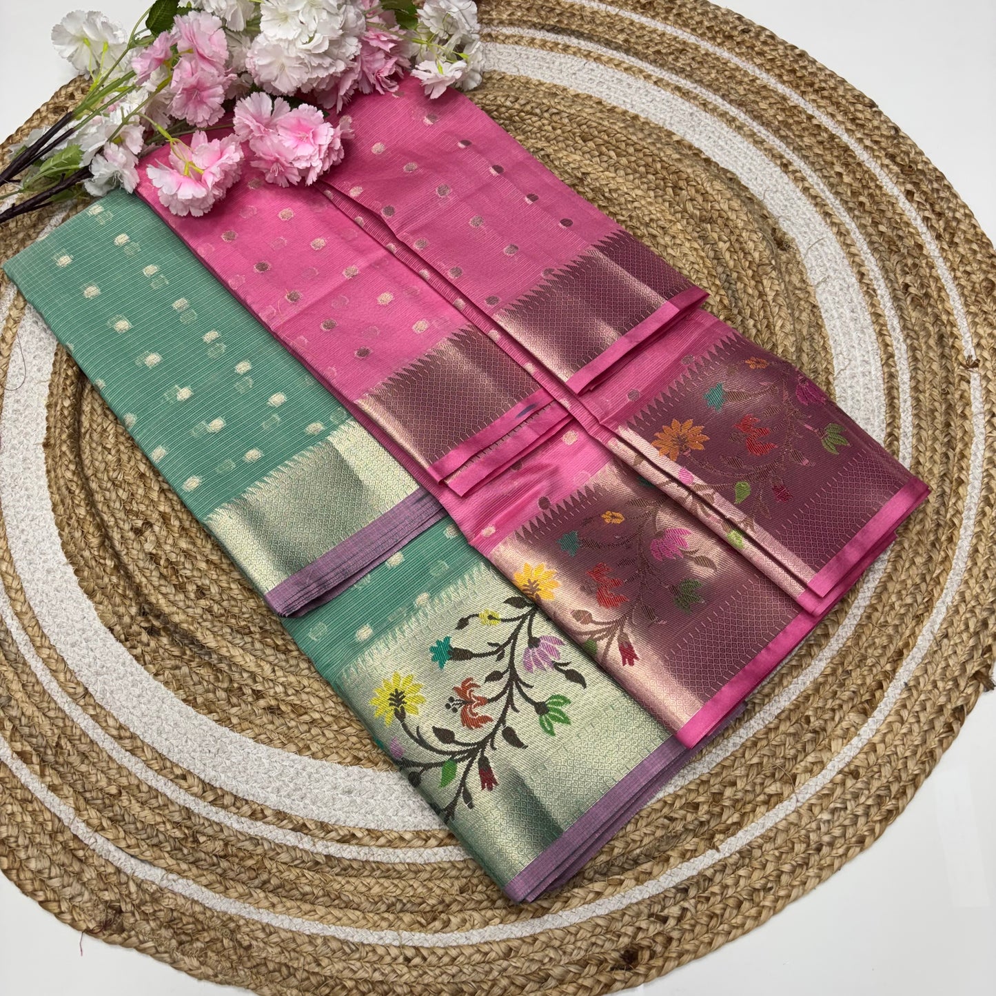 Unstitched - Lehenga Material - Zari Kota Tissue - Green & Pink - VVULM001