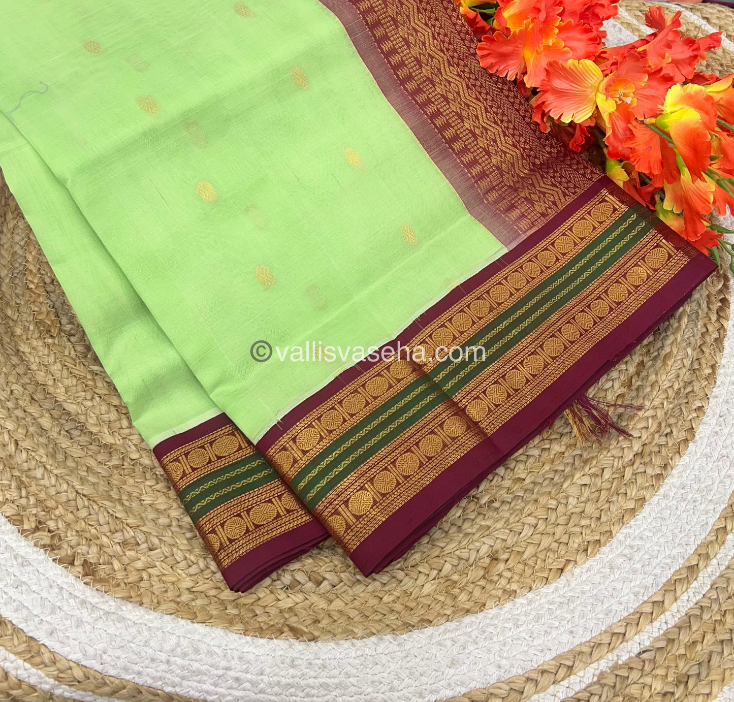 Pure Korvai Silk Cotton Saree - Pista Green with Maroon - VVKSC004