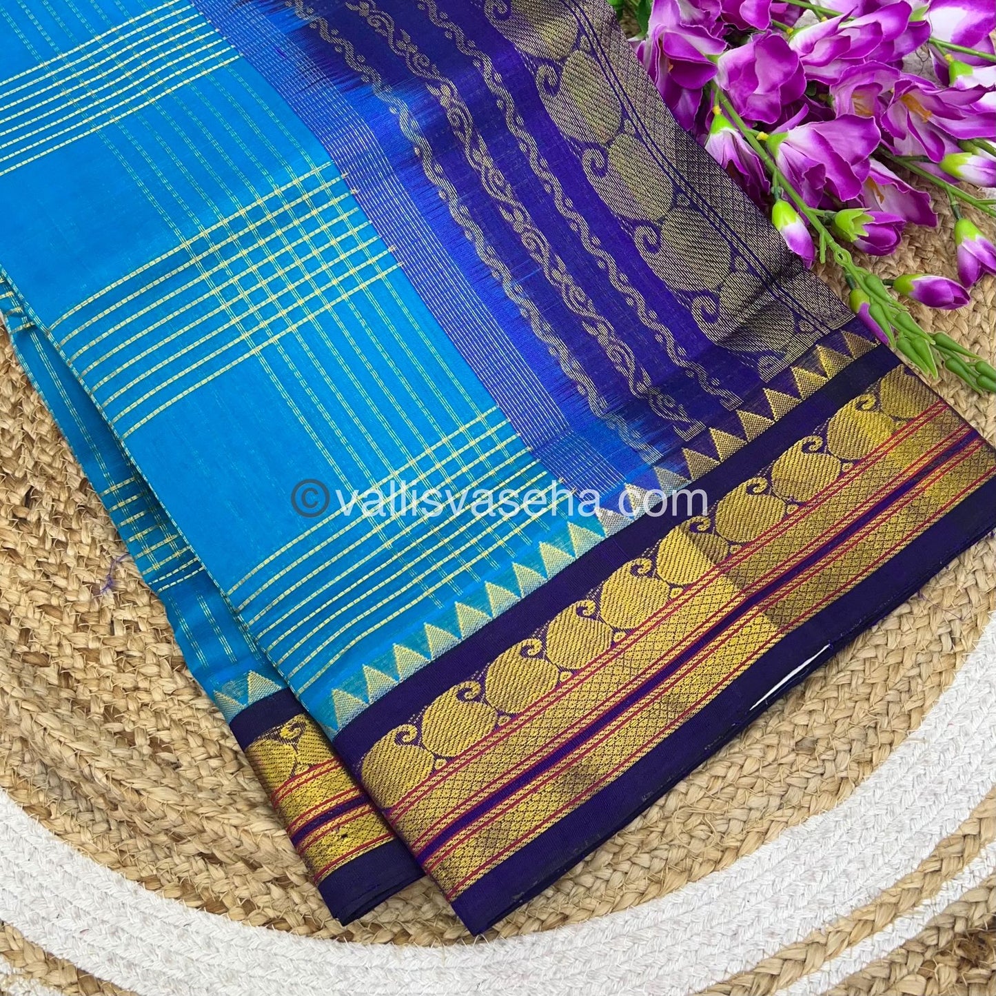 Pure Korvai Silk Cotton - Zari checks lines - Blue & Blue Combo - VVKSC010