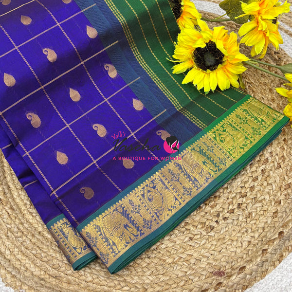 Pure silk  Cotton Saree - Checked Pattern with Butta - Violetish Blue & Green Shade - VVSCC005