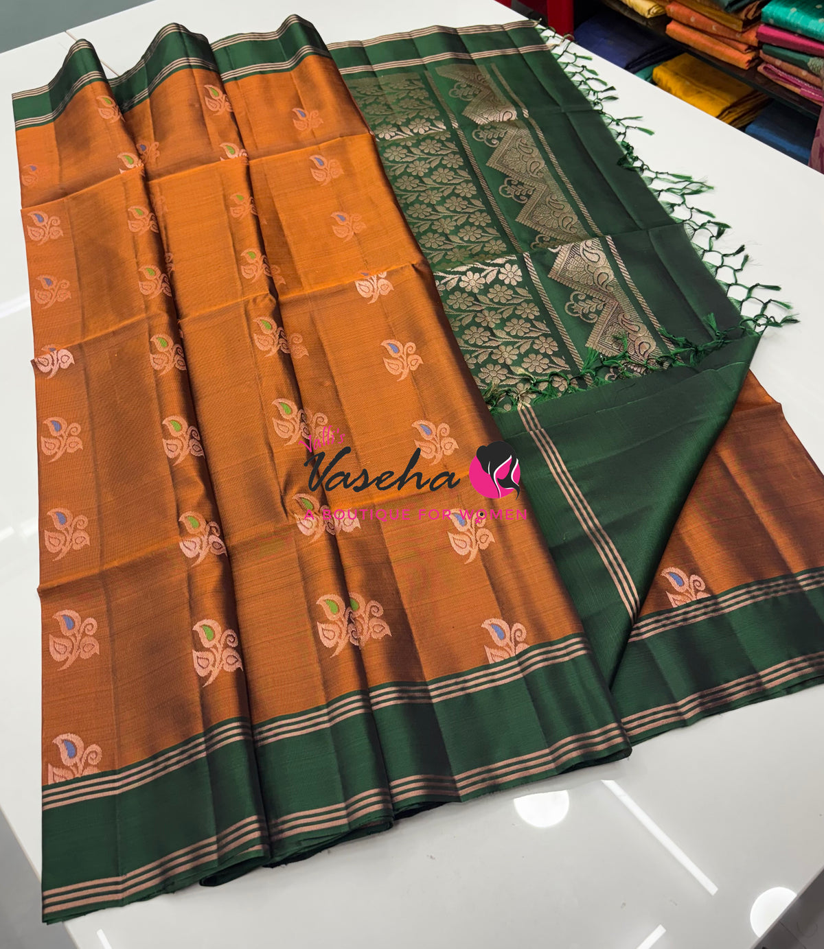 Half Mix - Pure Soft Silk Saree - Meenakari Style Butta - Rust Orange With Green - VVPSS148
