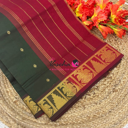 Semi Silk Cotton Saree - Small Zari Butta  - Retta Mayil Border- VVSSC015