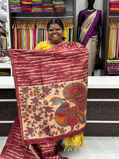 Semi Matka Tussar Silk Saree - Shibori pattern - Merun Shade - VVSMT001
