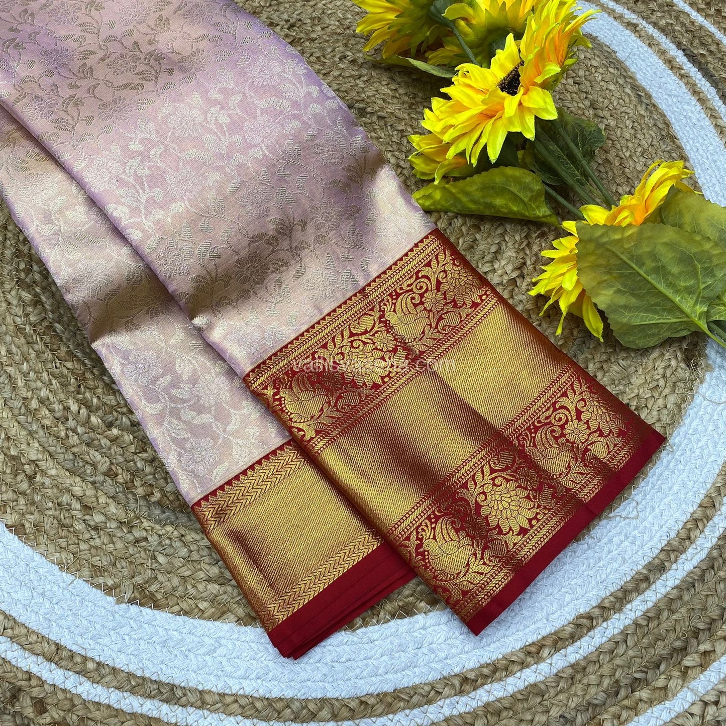 Pure Kanchipuram Silk Saree - Bridal Tissue - Light Pink with Red Combo - VVPS006