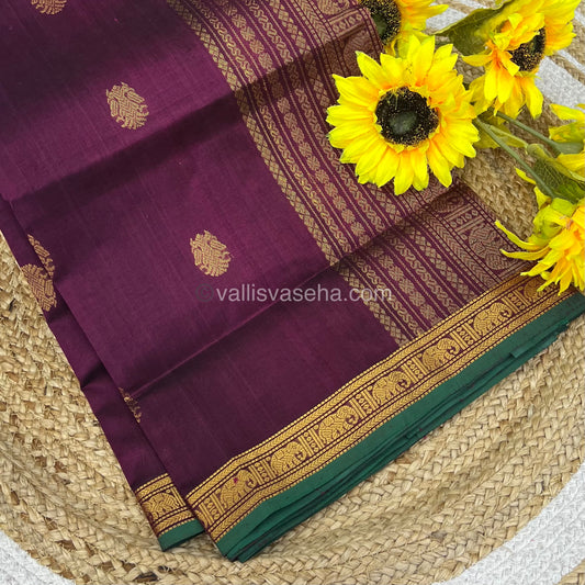 Pure Silk Cotton Saree - Retta Mayil Design - Purplish Wine Shade - VVRMS001