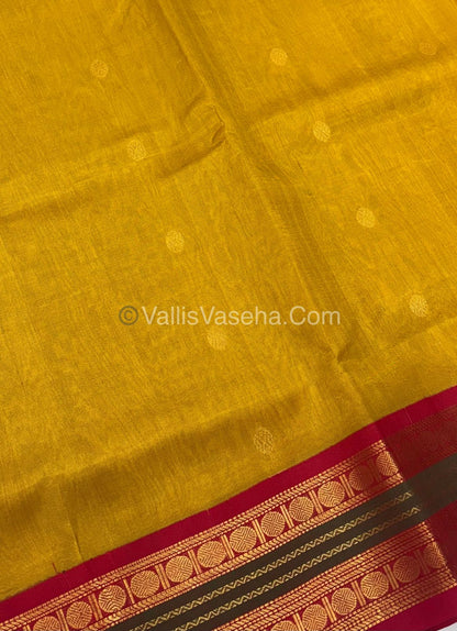 Pure Korvai Silk Cotton Saree - Mustard Yellow with Red - VVKSC004