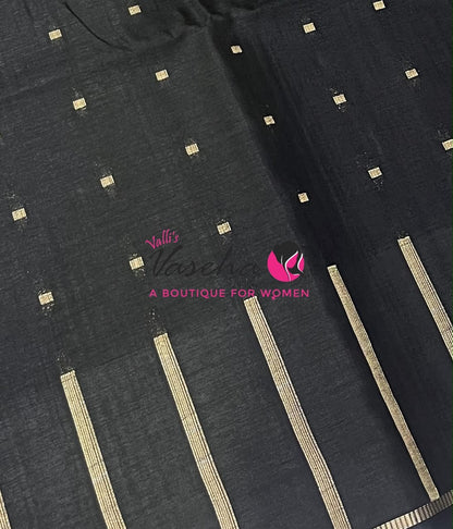 Semi Matka Tussar Silk Saree | Double Blouse | Black Shade |VVSTS052