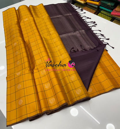 Pure Soft Silk Saree - Mustard Yellow & Wine Brown Shade - VVPSS055