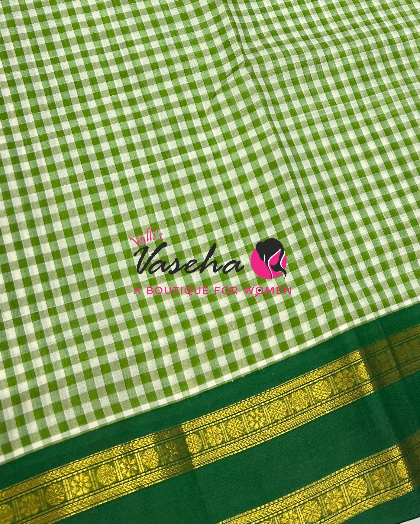 Pure Korvai Silk Cotton - Podi Kattam -White & Green with Green - Retta Petta Border - VVKSC003