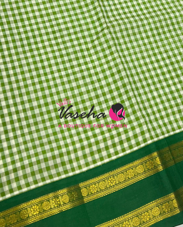 Pure Korvai Silk Cotton - Podi Kattam -White & Green with Green - Retta Petta Border - VVKSC003